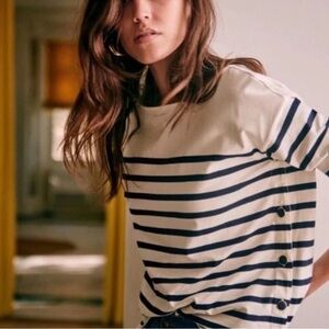 Sézane Noan Marinière Cream & Navy Stripe Pullover Top | Size S | Side Buttons